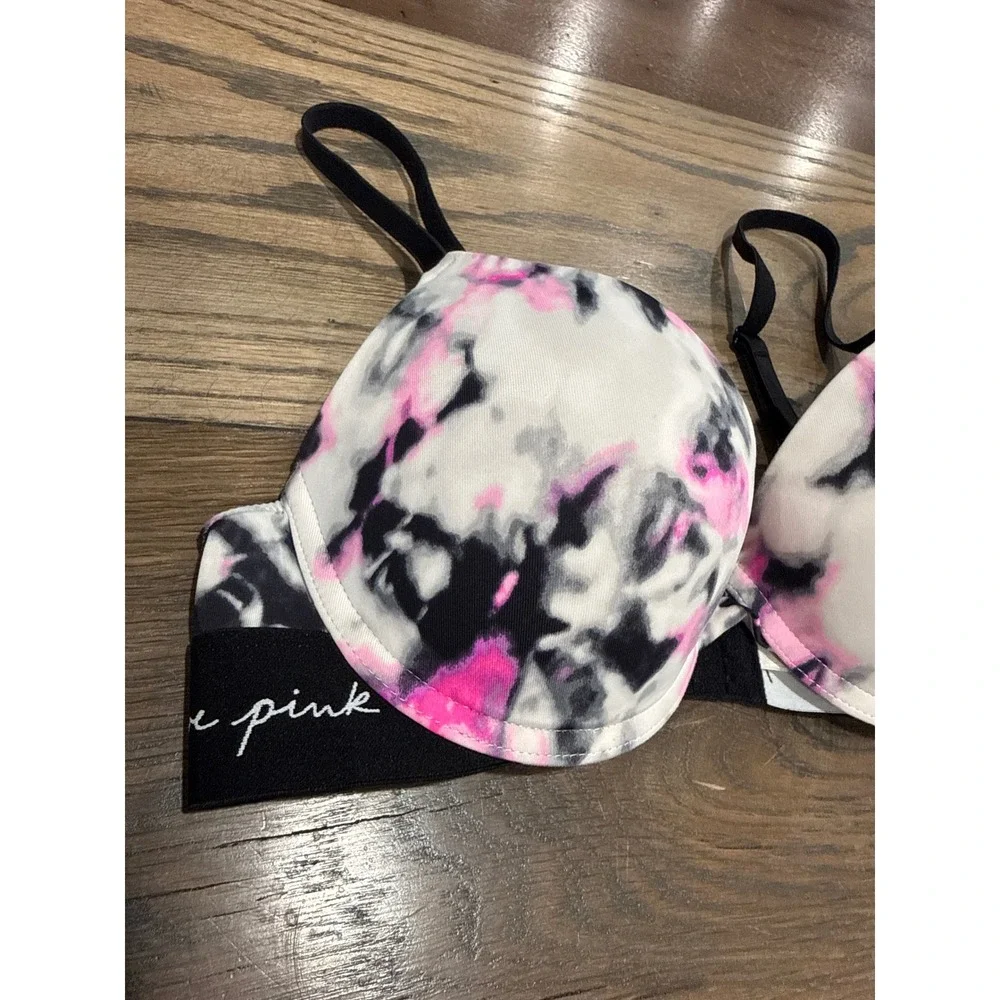 Victoria's Secret PINK Wear Everywhere Push-Up Bra 32C Tie Dye Pink‎ Black White